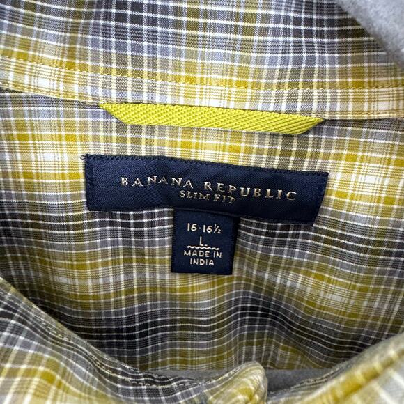 Banana Republic Cotton Slim Fit Green Gray Plaid Long Sleeve Button Up Men's L - Picture 5 of 7